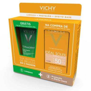 Kit Vichy Protetor Solar Facial Idéal Soleil Efeito Base Cor Clara FPS 50 com 40g + Gel de Limpeza Normaderm com 40g